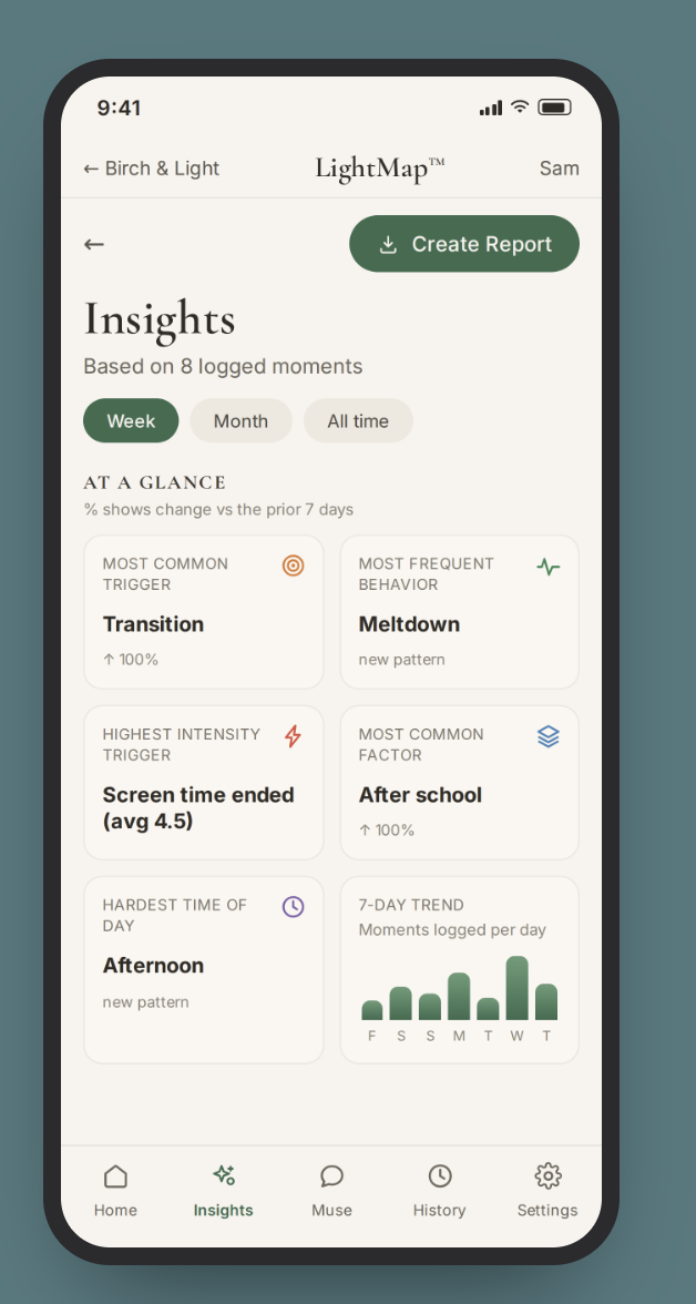 LightMap Insights screen showing a child's most common triggers and 7-day trend